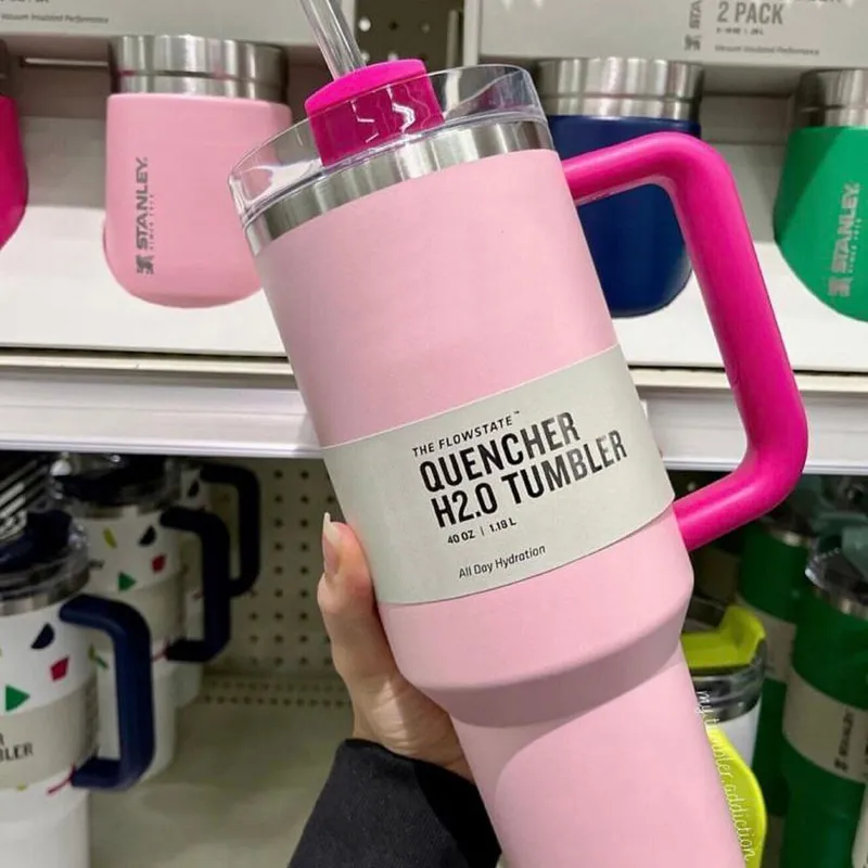40oz Pink Cosmo Parade Flamingo H2.0 Stainless Steel Tumblers Cups with Silicone handle Lid Straw Car Mugs Keep Cold Travel Water Bottles Valentine's Day With Logo