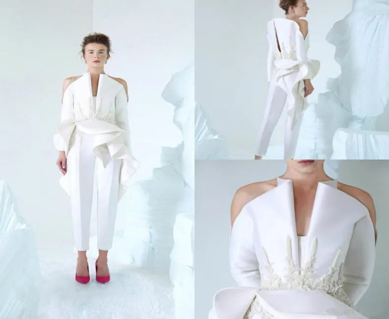 Yeni 2020 Azziosta Beyaz Balo Elbiseleri V Boyun Uzun Kollu Kadın Tulum Dantel Aplikler Boncuklar Özel Yapımlı Gece Elbisesi Nişan 2943168