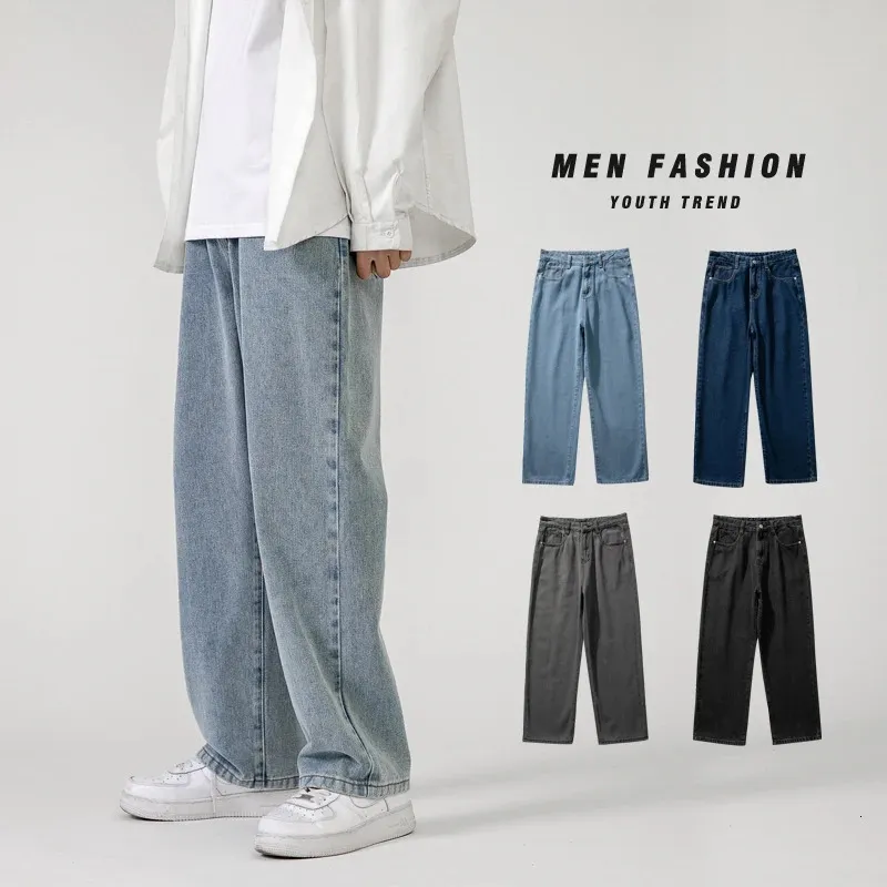 Koreańskie modnie męskie dżinsy klasyczne Allmatch solidny kolor prostogą dżinsowe spodnie widelegowe męskie błękitne szare czarne 240318