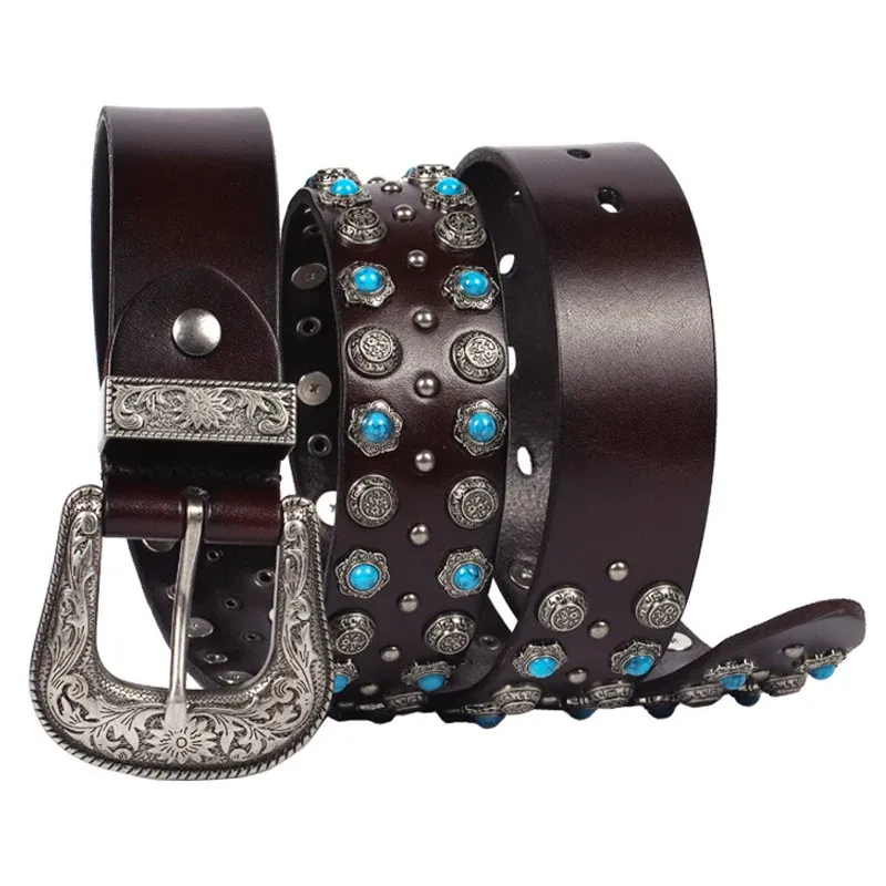 Cowboy Leather Belts, 3.8CM Studded Genuine Leather Belt