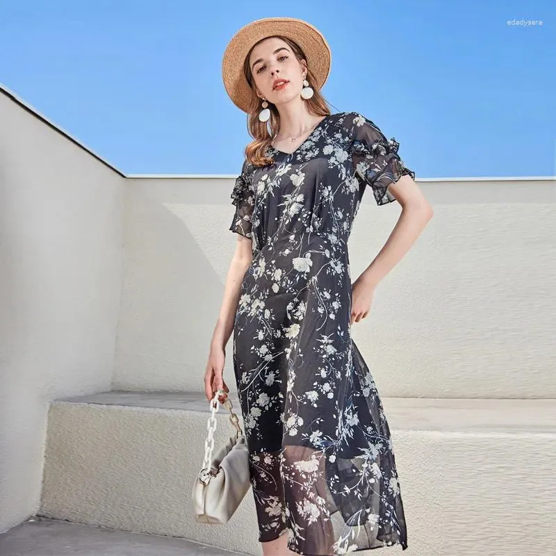 Casual Dresses Black White Chiffon Silk Floral Maxi Dress Women 2024 Summer Long Work Boho Beach Office Sexy Party Luxury Plus Size