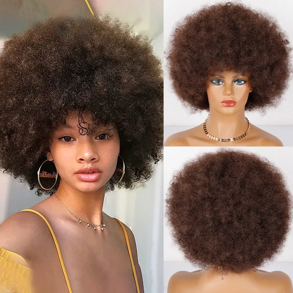 Perruques cheveux courts Afro crépus bouclés perruques avec frange pour les femmes noires africain synthétique Ombre sans colle Cosplay naturel blond brun perruque