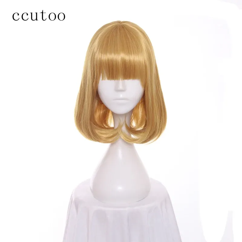 Wigs Ccutoo 14 "Kadın Altın Kısa Sentetik Saç Modelleri Düz Patlama Bobo Hapishane Okulu Hana Midorikawa Cosplay Wig Tam Saç