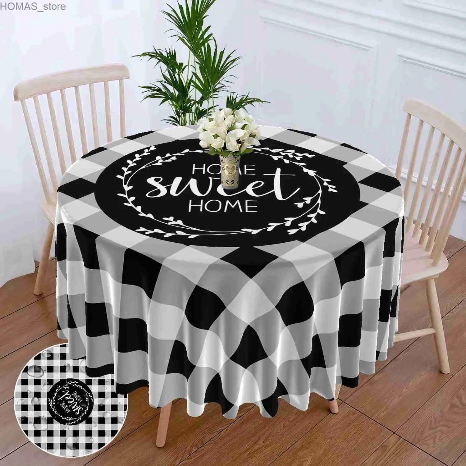 Nappe 1 pièce nappe circulaire à carreaux noir et blanc couverture de table à manger imperméable style bohème citron nappe de 63 pouces Y240401