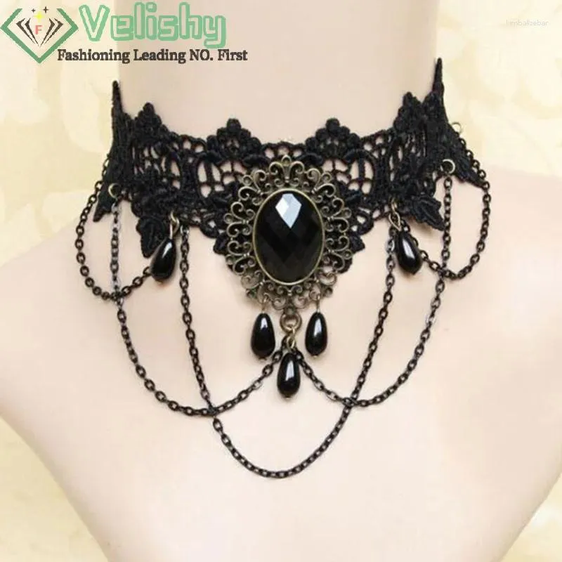 Choker 1PC Gothic Victoriaanse Zwart Kant Ketting Voor Vrouwen Mode Retro Sleutelbeen Keten Steampunk Dark Loli Stijl Halloween Sieraden