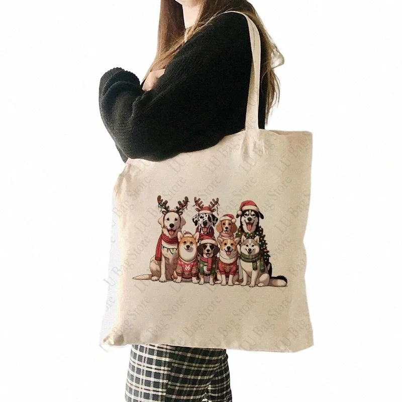 christmas Dogs Pattern Tote Bag Canvas Shoulder Bag Women's Reusable Shop Bags Best Gift for Xmas Dog Lover Christmas Gift r8RF#