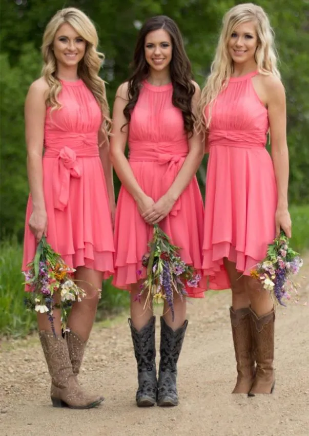 Halter Neck Chiffon Short Bridesmaid Dresses 2019 Backless Country Style Summer Wedding Guest Dress Watermelon Beach Gowns4861315