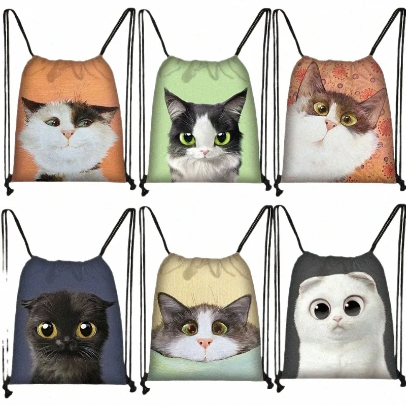 3d Lovely Cat Head Painting Drawstring Bag Cat Carto Printing Backpack Girl Shop Bags Multi-functi Портативная сумка для обуви o4op #