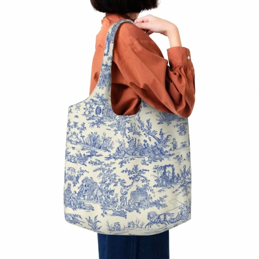 Traditial French Toile de Jouy Motif Pattern Shop Bag Women Shourdent Canvas Tote Bag Wable Grocery Shopper Bags Q9EZ＃