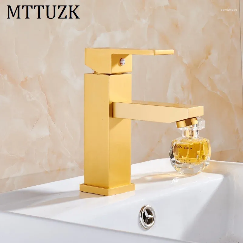 Rubinetti per lavandino del bagno Rubinetto MTTUZK Lavabo quadrato con maniglia singola Rubinetti miscelatori in alluminio e freddo placcati oro