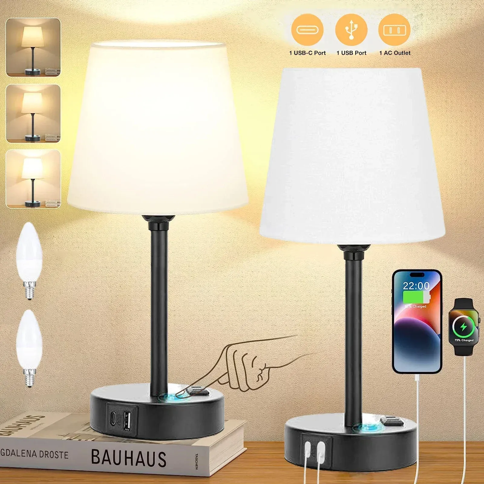 Bedside Touch Lamps Touch Lamps For Nightstand EDISHINE Bedside Lamps Set Of 2, 3 Way Dimmable Touch Lamp With USB Charging, Table Lamps For Living Room, Bedroom, Black Linen Shade (LED Bulbs