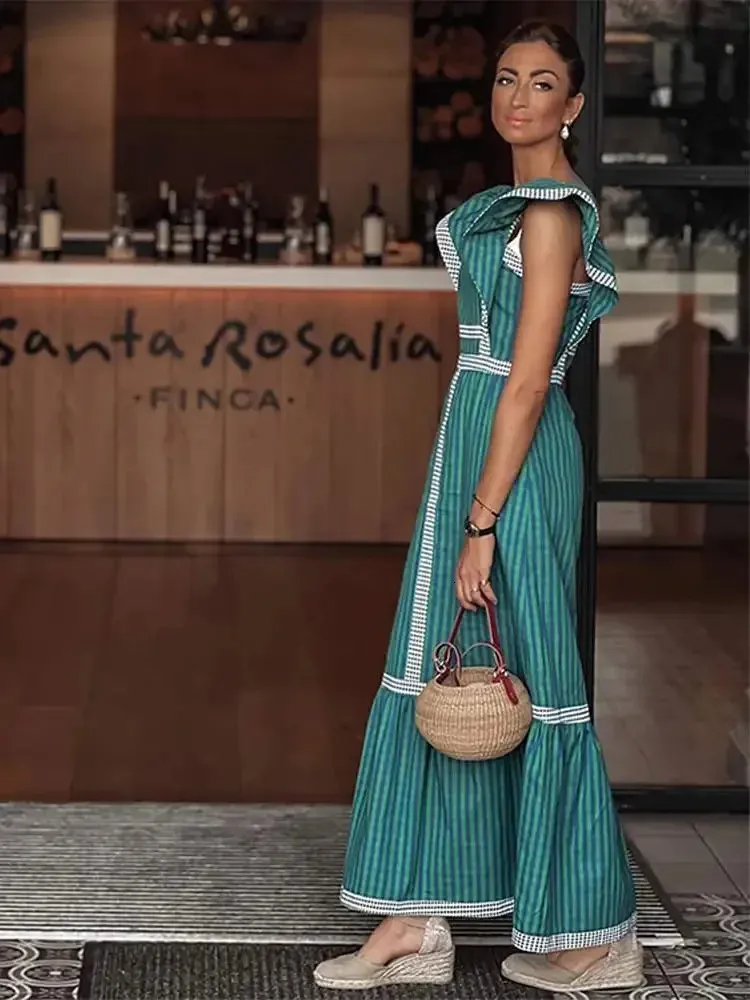 Vintage Plaid Midi Dress with Flying Flounce Sleeve, Elegant Spliced Square Collar, and High Waist - Perfect for Spring Street Fashion - Vestidos