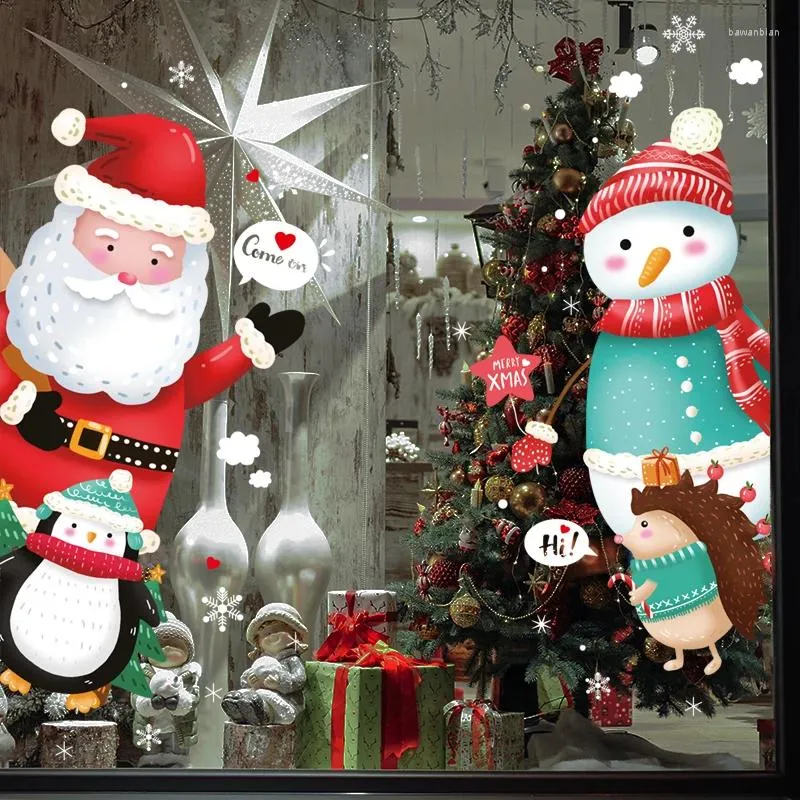 Window Stickers Christmas Wall Funny Cute Santa Claus Snowflake Snowman Welcome To The Shop Glass Door Decoration