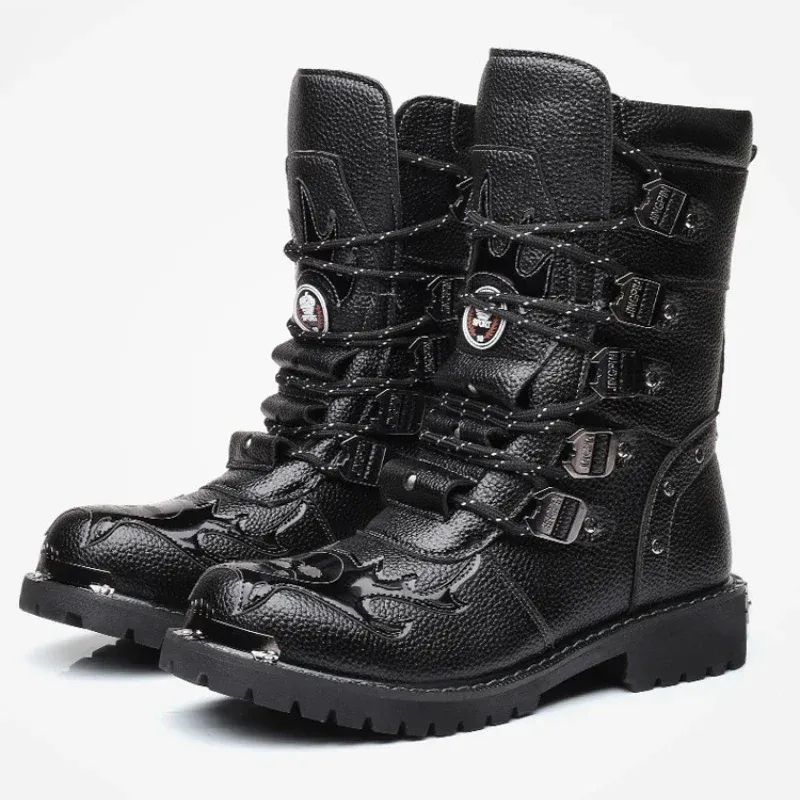 Boots Retro Men Motorcycle Boots 2022 Fashion Midcalf Punk Rock Chaussures Men's Pu Leather Black High Top Combat Boot Man Military