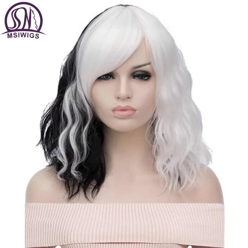 Wigs MSIWIGS Black and White Cosplay Wigs for Women Wavy Short Synthetic Wig Purple Rainbow Heat Resistant