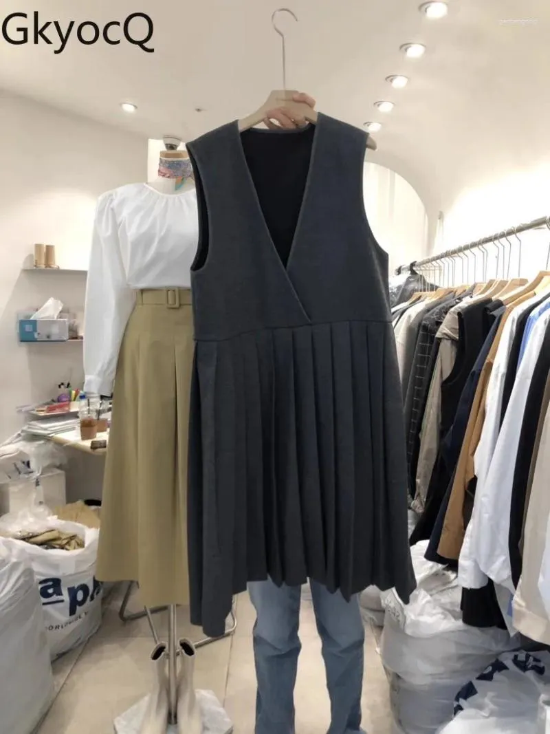 Casual Dresses GkyocQ Korean Dongdaemun 2024 Fall And Winter Temperament Loose V-neck Slim Sleeveless Pleated Undershirt Dress Female