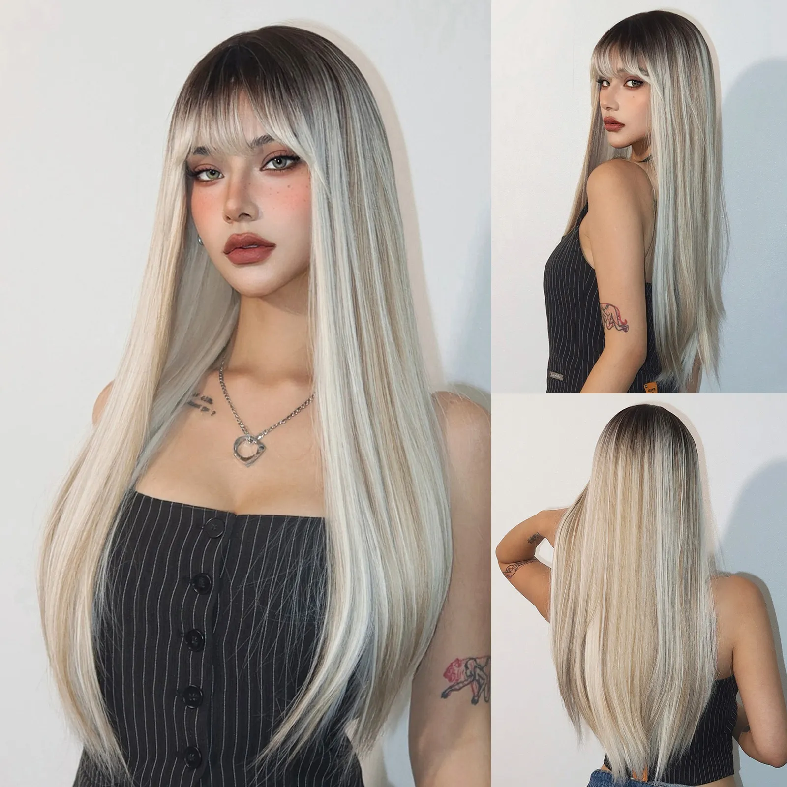 Long Straight Synthetic Wig with Bangs Blonde Mixed Platinum 
