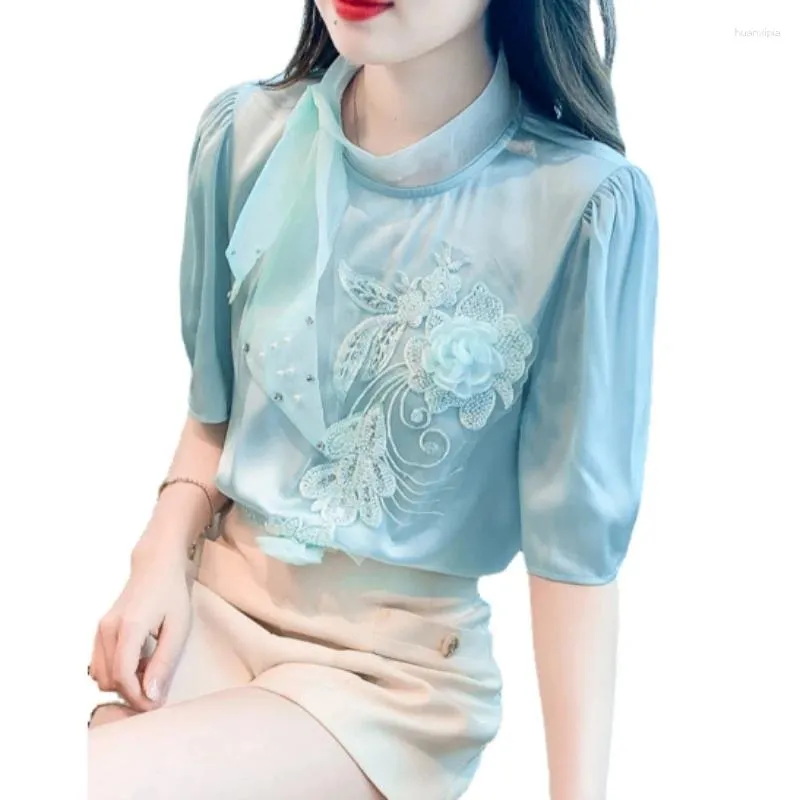 Blusas femininas azul verão chiffon blusa manga curta camisa roupas 2024 alto sentido elegante renda flor arco gola