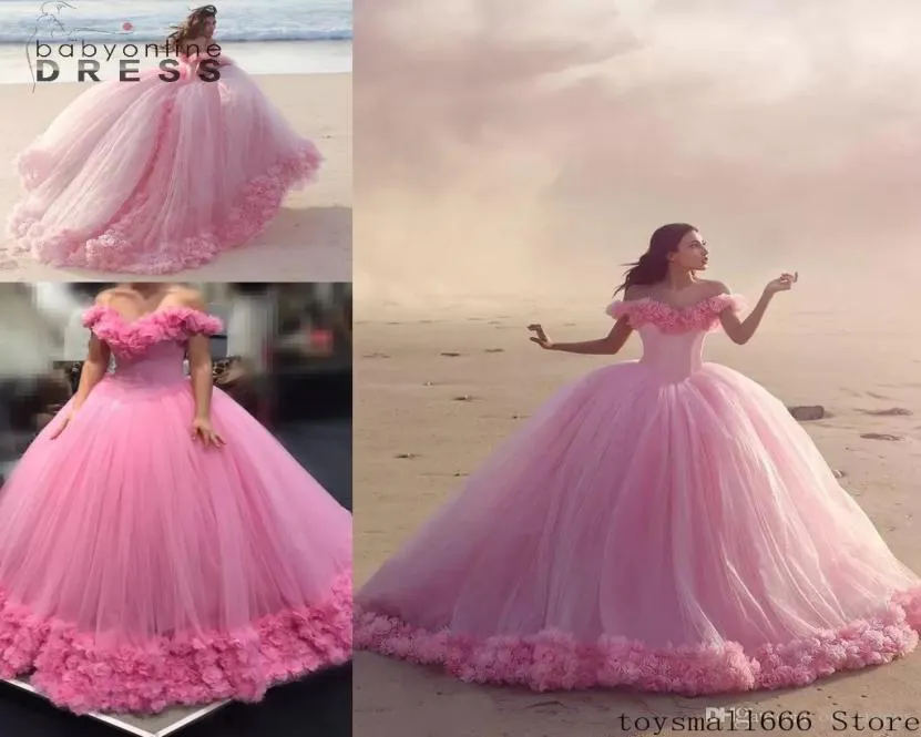 Pink Ball Gown Wedding Dresses Hand Made Flowers Off Shoulder Ruffles Sweet 16 Dress Tulle Plus Size Quinceanera Dresses vestidos 8911946