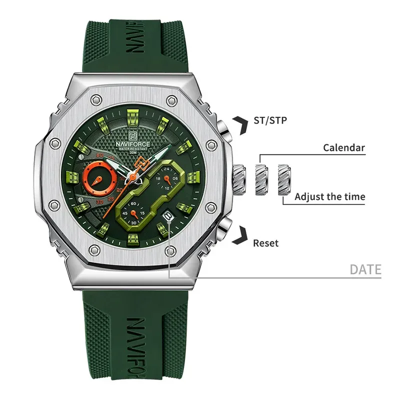 Montre Sport Homme MEIBO - Cadran Vert Eau, Calendrier, Quartz, Acier Inoxydable, Neuf