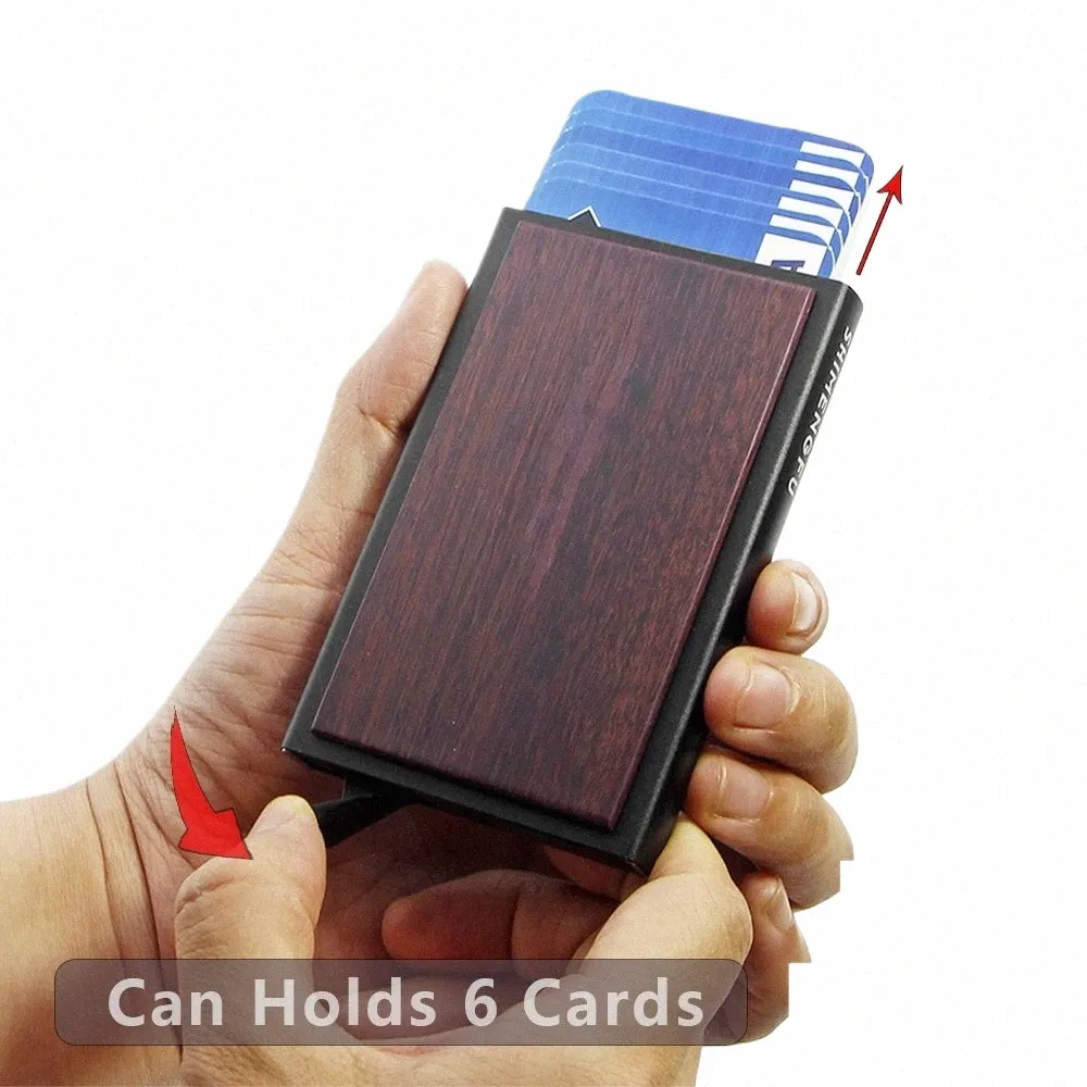 Posteur de carte de crédit antivol Pop Up Porte Carte RFID Slim Wood Aluminium Men de portefeuille Pocket Case Women Bank Bank Card Box T43J # #