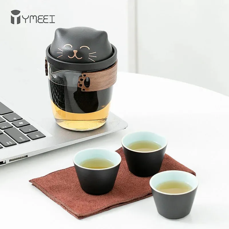 YMEEI Creative Tea Set Portable Glass Ceramics Simple Kung Fu Pot With 3 Cup Sweet Cat Outdoor Travel Teaware Gifts 240328