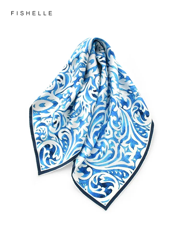 Blue and white porcelain print Silky Scarf Natural Silk Twill Scarf: Blue & White Porcelain Print, Hand  main image 3