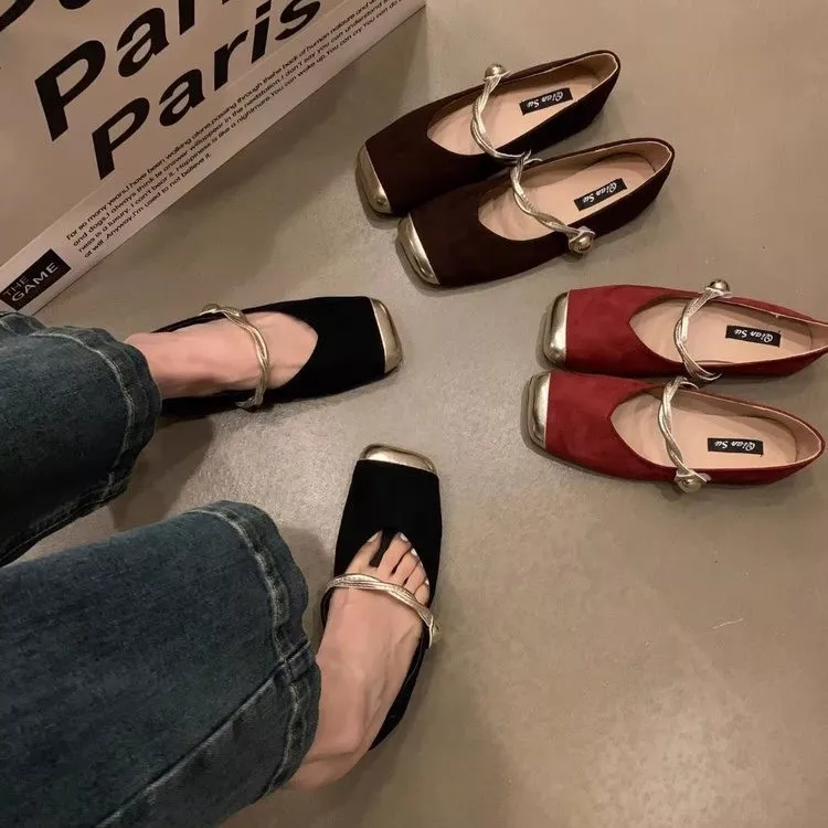 Mary Jane schoenen met platte bodem en vierkante neus Dames 2024 lente/zomer nieuwe Suede oppervlak kleurblokkering mode lichte mond Franse avondstijl enkele schoenen