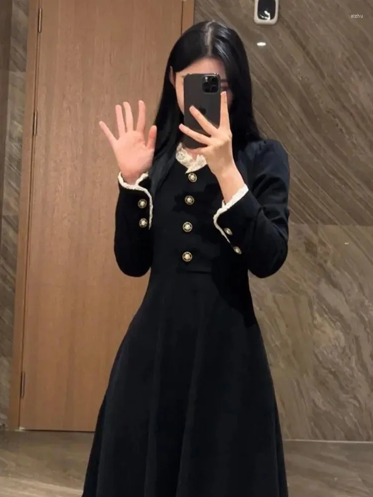 Повседневные платья, осеннее корейское шикарное элегантное черное платье для женщин, кружевное лоскутное платье с длинными рукавами, Femme, однобортное платье трапециевидной формы