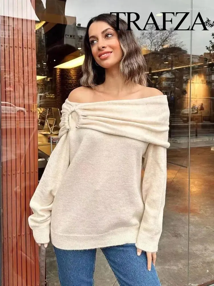 Suéteres de mujer TRAFZA, jersey de primavera para mujer, moda tejida con cuello oblicuo, vaina elegante para mujer con pliegues, suéter, Top