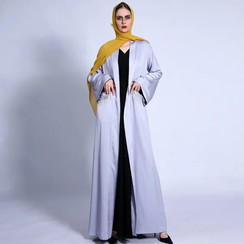 Etniska kläder Eid Mubarak Satin Abayas för kvinnor Diamanter Tassel Pocket Maxi Dress Muslim Kimono Cardigan Dubai Turkiet Kaftan Ramadan