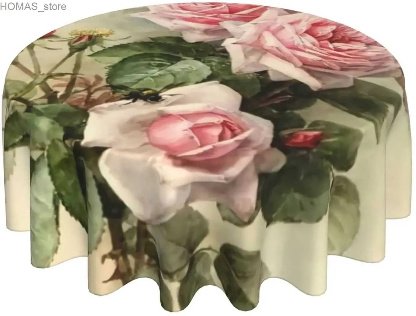 Bordduk Vintage Shabby Chic Pink Rose Floral Round Tracloth 60 tum Bord Täck Vattentäta borddukar för matbordsfest camping Y240401