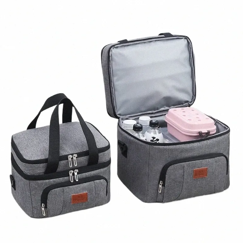 double Layer Insulated Lunch Bag for Women Men Large Capacity Thermal Picnic Box with Shoulder Strap Zipper Meal Cooler Pouch 299P#