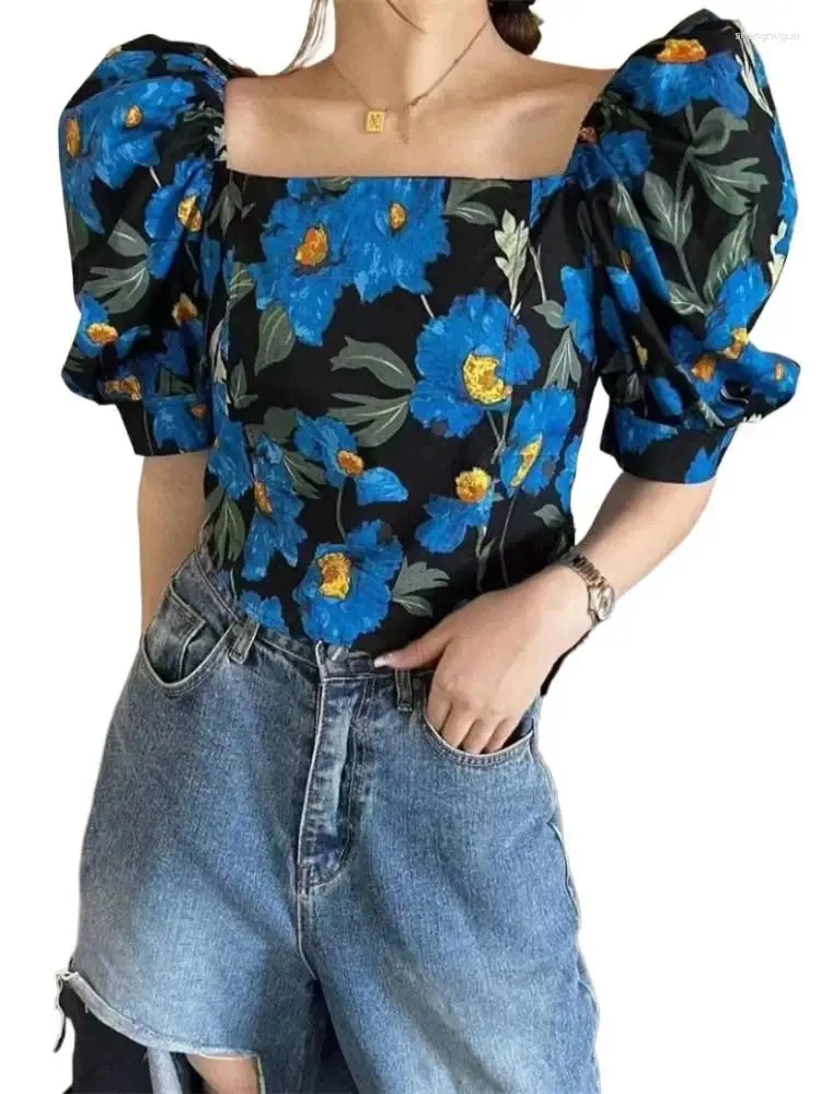 Blouses pour femmes Design de mode Sense Col carré Manches à bulles Hauts Coton Lin Bleu T-shirt imprimé Été Élégant Rétro T-shirts courts Y2K