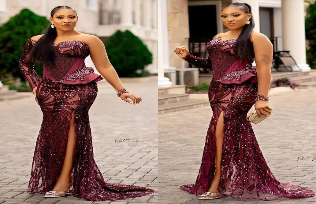 2022 Plus Taille Arabe Aso Ebi Bourgogne Sirène Sexy Robes De Bal En Dentelle Perlée Soirée Formelle Deuxième Réception Anniversaire Engage3639126