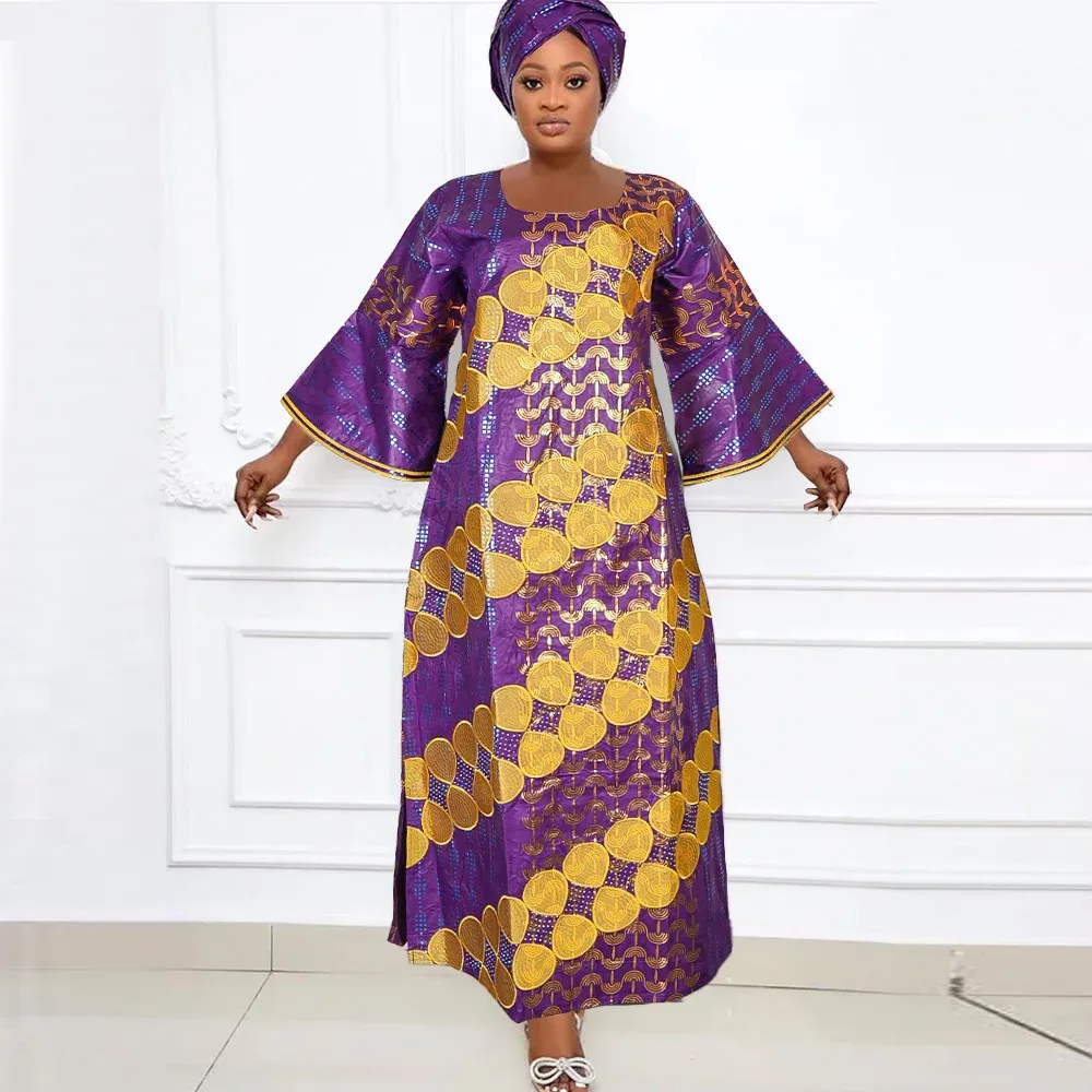 Vibrant Floral Embroidery African Bazin Dresses for Women