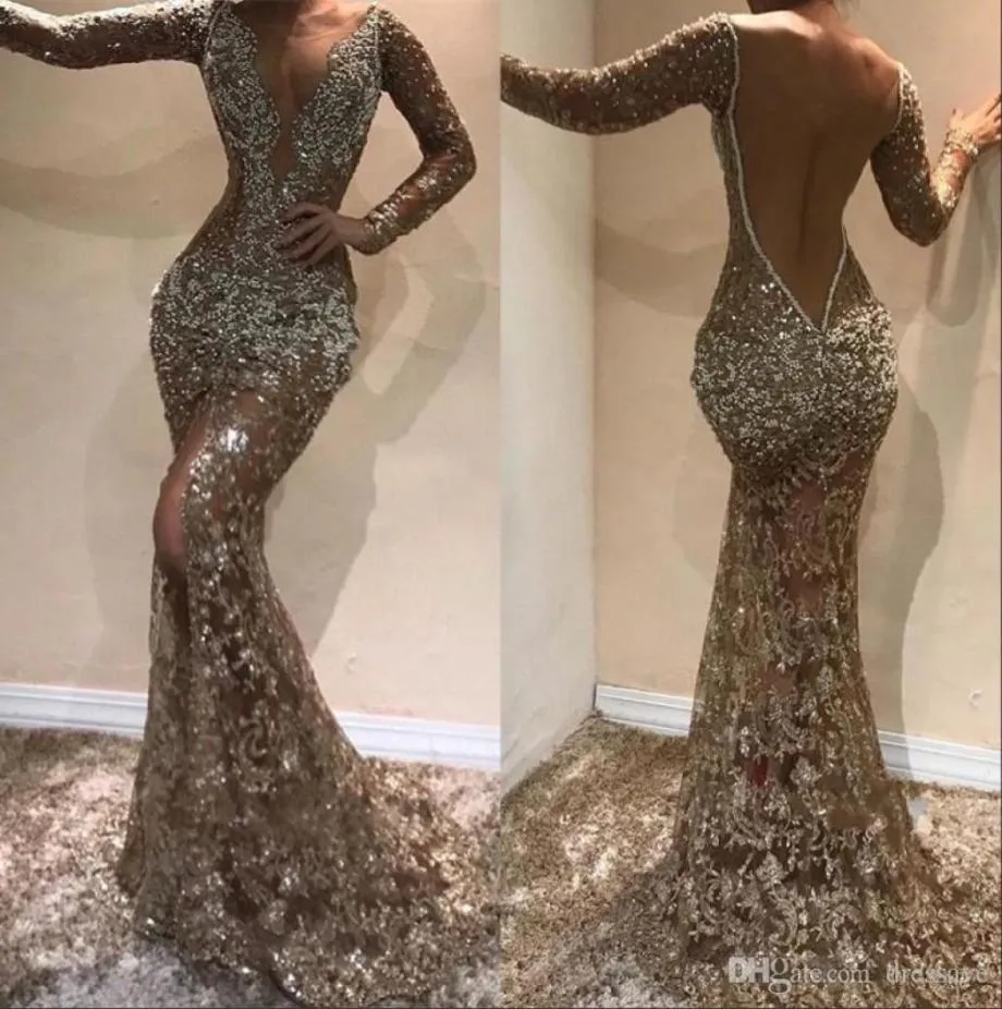 Vintage Sparkly Crystal Prom Evening Dress 2020 Långärmad Deep V Neck Formal Party Gown Sexig slits Pageant Gowns8404051