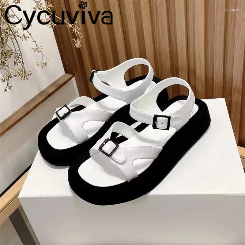 Sandals cuir décontracté appartement pour femmes boucle blanche Chaussures d'été confortables