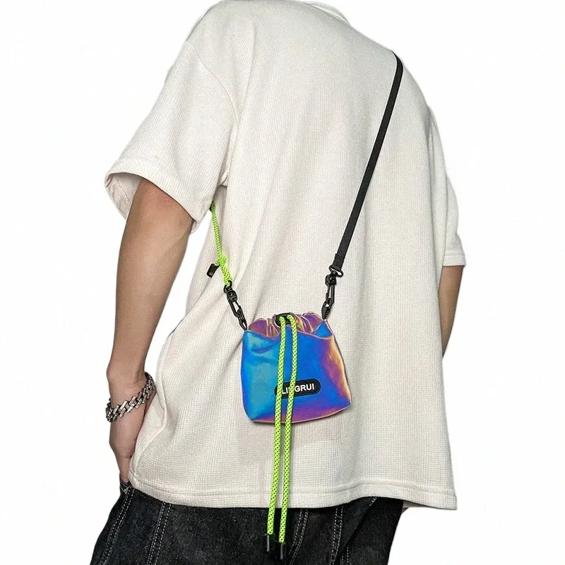 colorful Reflective Drawstring Crossbody Bag Men Women Fi Mini Shoulder Bag Coin Purse Casual Waterproof Key Pouch a9kF#