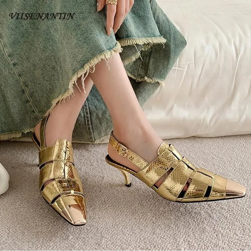 Sandálias est em relevo couro de vaca mulheres bombas metal quadrado toe retalhos estilingue verão moda oco fino sapatos de salto alto