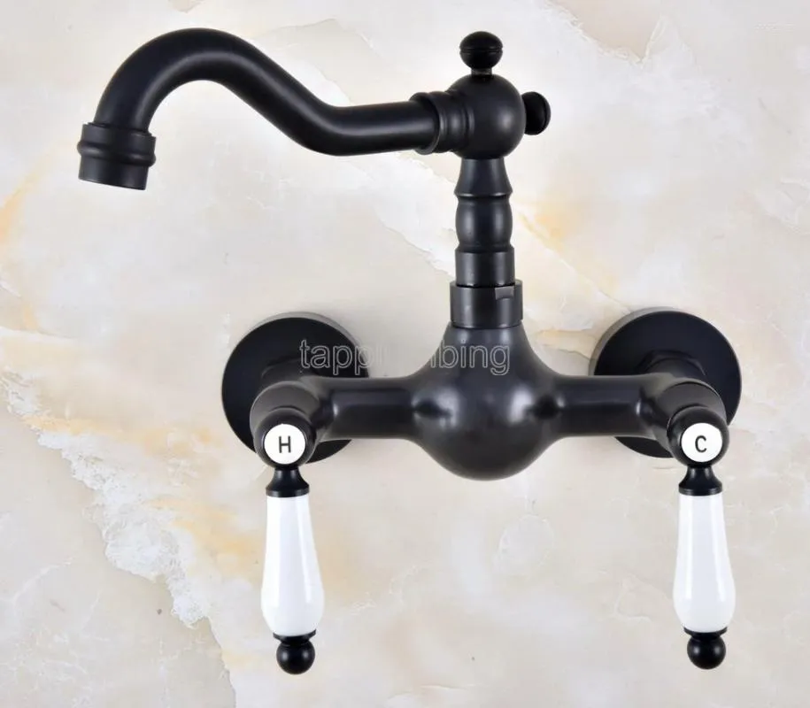 Bathroom Sink Faucets Black Oil Rubbed Bronze Wall Mounted Basin Faucet / 360 Swivel Spout Kitchen Mixer Taps Tnf858