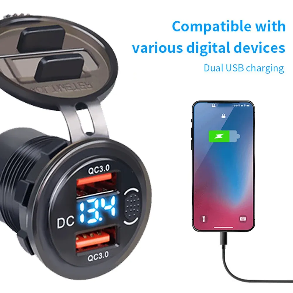 Waterproof 12V Motorcycle USB Charger With Voltmeter – Dual QC3.0 & SAE Adapter