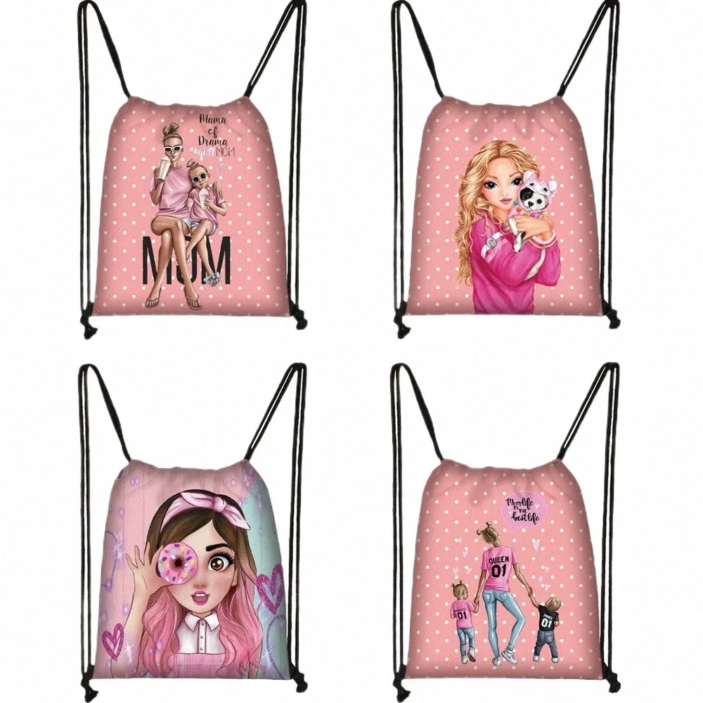 Pretty Girls / Super Mom Pattern Drawstring Bag Fi Girls Canvas Softback Mochila Mulheres Bolsa de viagem Bolsa de armazenamento feminina O82e #