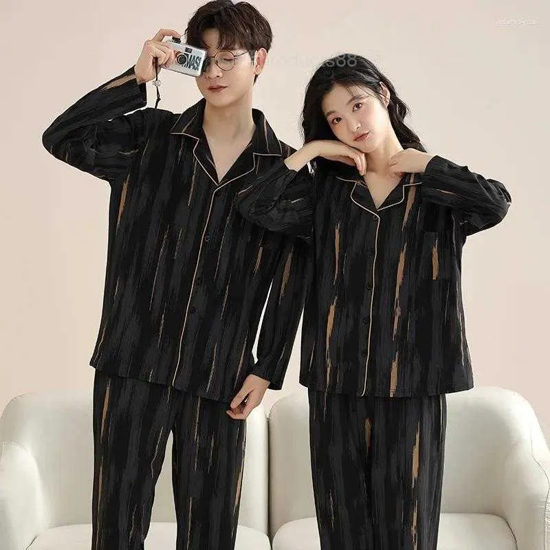 Womens Sleepwear Big Size M-4XL Couple Pajamas Set Spring And Autumn Cotton Pyjamas Long Sleeve Women Men Turn-down Collar Pijama