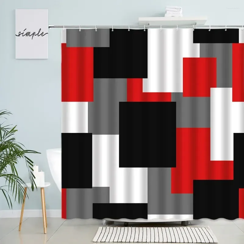 Zasłony prysznicowe 3D Czerwony Czerwony szary biały splicing geometryczny kurtyna Kreatywna design nowoczesne domowe wystrój łazienki haczyki