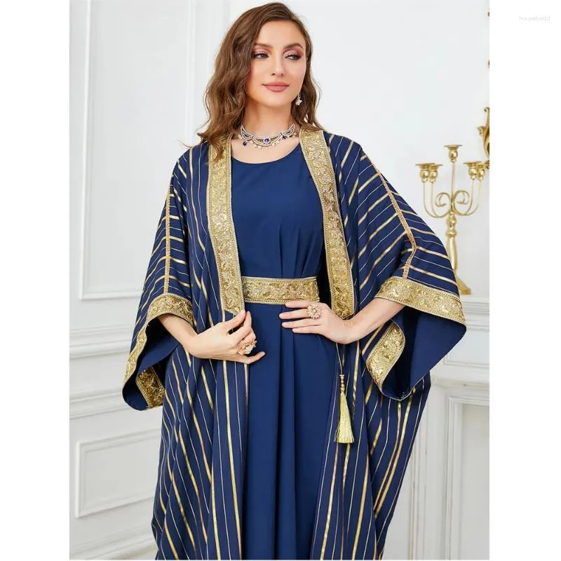 Etniska kläder marockansk 2 bit klänning muslim set eid mubarak djellaba ramadan kimono öppen abaya islamisk jalabiya turkiska dubai kaftan robe