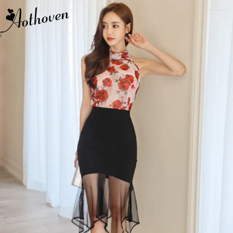 Work Dresses 2 Piece Set 2024 Summer Women Print Sleeveless Halter Flower Elegant Party Chiffon Top And Black Ladies Mini Skirt Two