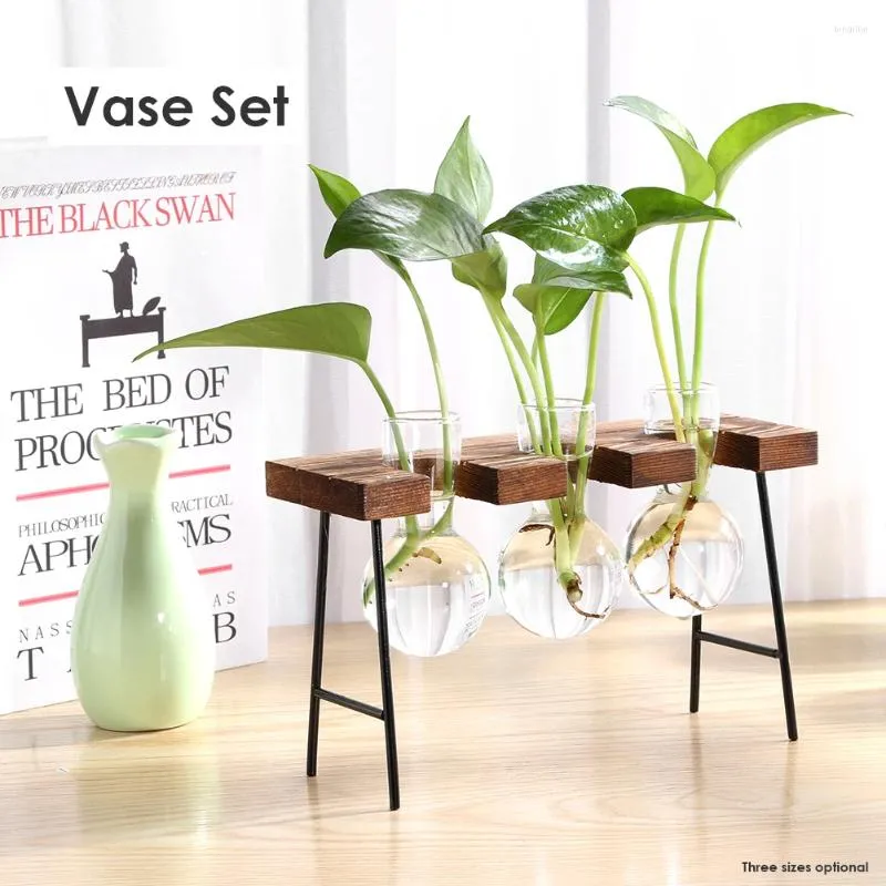 Vases Plante hydroponique Pots de fleurs vintage Vase transparent Cadre en bois Plantes de table en verre Accueil Bonsaï Décor