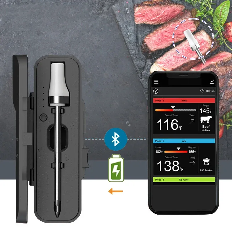 Indicatori Termometro per carne wireless Bistecca per alimenti Bluetooth digitale Accessori per barbecue Cucina Cottura per forno Griglia BBQ Termometro intelligente