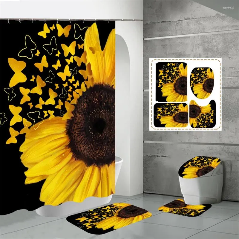 Shower Curtains Yellow Sunflower Curtain 4 Plants Bathroom Carpet Toilet Mat Home Decor Waterproof Fabric Set